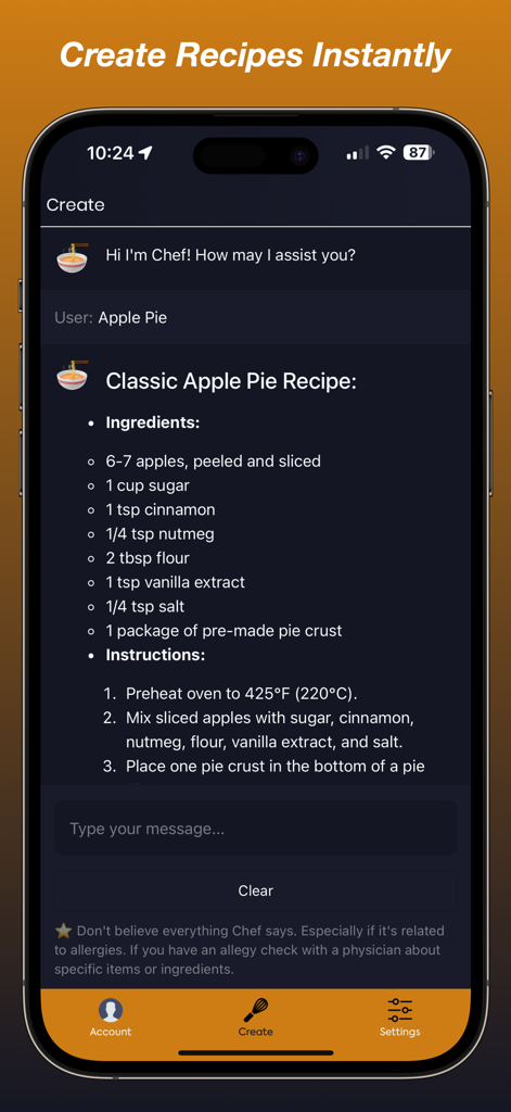 Chef's Kiss - Chef's Kiss app showing a classic apple pie recipe generated by AI