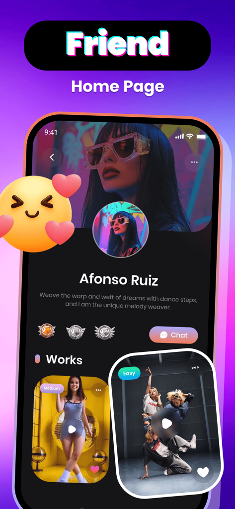 Fingro：Adult Share，Video Call - A user profile interface in the Fingro app showing a creator bio social media works and a chat option