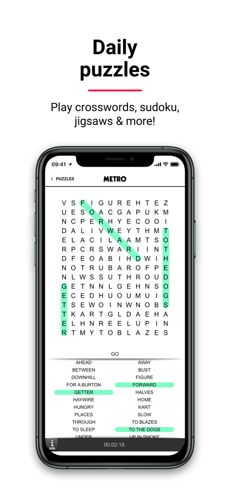 Metro: World and UK news app - メトロニュースアプリの毎日のパズルセクションからのワードサーチゲームを表示するスマートフォンの画面。