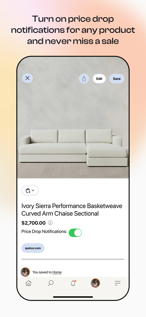 Interface of the Locker app showing price drop notifications enabled for a saved ivory sectional sofa.
