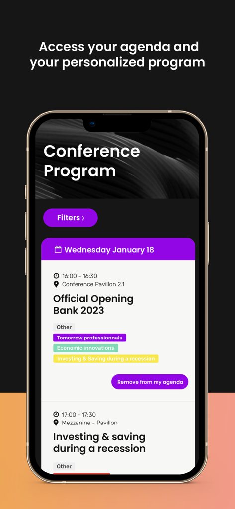 Eventmaker KeepTrack app interface showing a personalized conference agenda with session times and locations