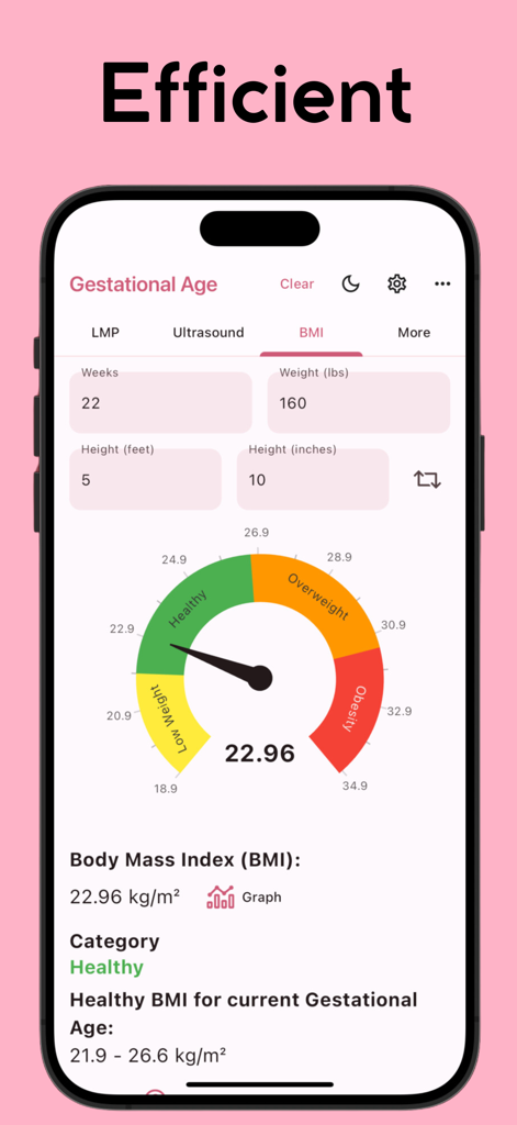 Gestational Age (baby's age) - A medical pregnancy app interface showing a gestational BMI calculator with a gauge indicating a healthy weight range.