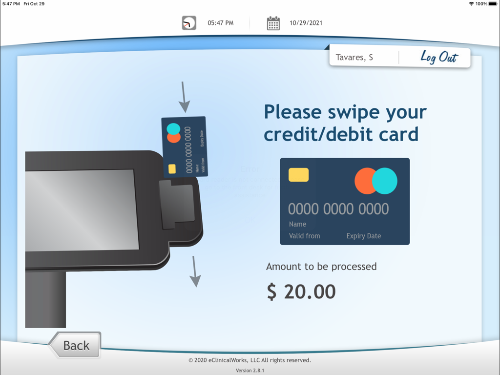 eClinicalWorks Kiosk - Payment screen on eClinicalWorks Kiosk app showing a prompt to swipe a credit or debit card for a twenty dollar payment