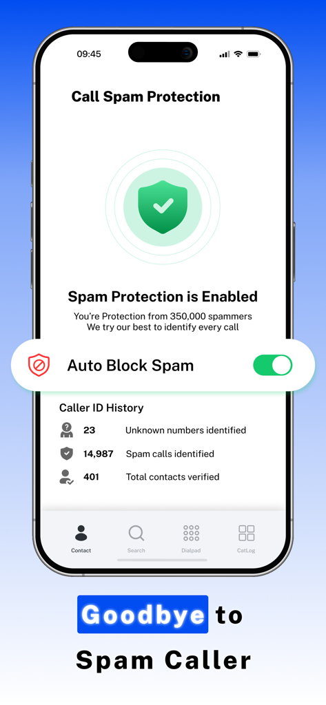 TrueCaller ID : Find by Number - Interface of TrueCaller ID app showing enabled call spam protection and auto block spam feature