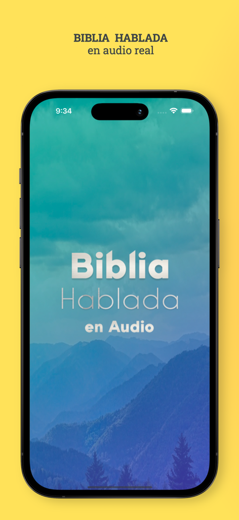 Biblia Hablada en Audio - 山岳風景を背景にしたオーディオ聖書のモバイルアプリのホーム画面