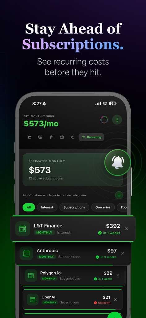 arc App Benutzeroberfläche, die eine Liste wiederkehrender monatlicher Abonnements und die geschätzten Gesamtkosten pro Monat im Dark Mode zeigt.