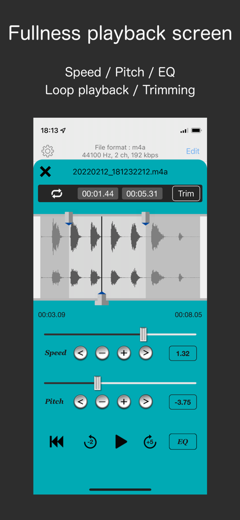 Audio Recorder - WAV, M4A - Audio playback screen showing waveform editing speed and pitch controls.
