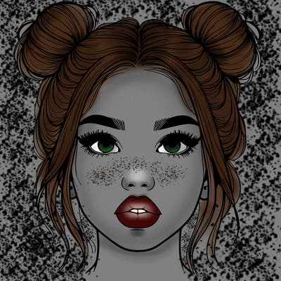 realistic girl with two buns on her hair and lips