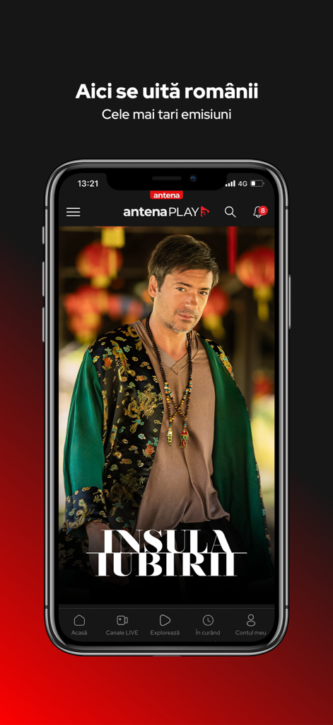 AntenaPLAY app interface featuring the show Insula Iubirii