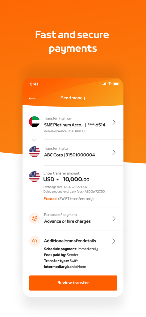 Interface do aplicativo móvel Mashreq Biz exibindo uma transferência de dinheiro internacional segura de uma conta empresarial dos Emirados Árabes Unidos para um destinatário dos EUA.