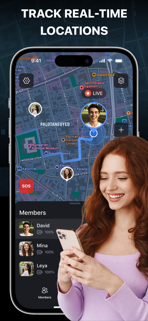 Una pantalla de smartphone mostrando un mapa de ubicación en tiempo real con perfiles de miembros de la familia y estado de la batería.