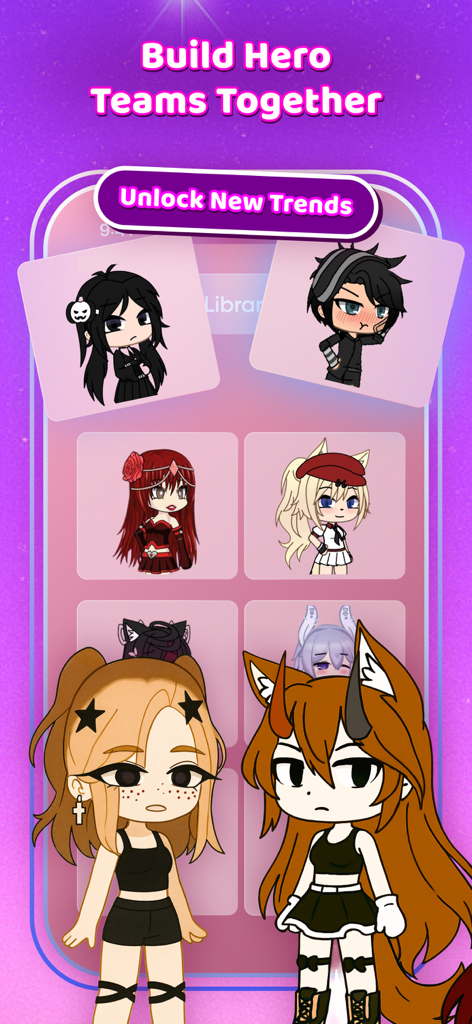 Interface do aplicativo Gachuna exibindo uma biblioteca de vários personagens estilo anime e roupas personalizadas.