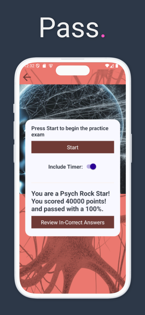 iScore5 AP Psychology - Uno screenshot dell'app iScore5 AP Psychology che mostra un esame di pratica completato con un punteggio perfetto e quarantamila punti.