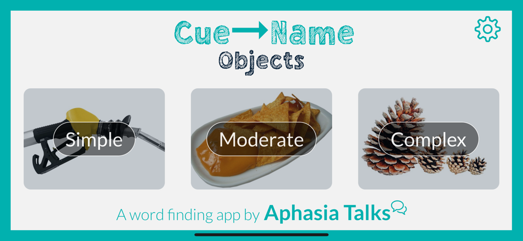 Cue Name - Objects - Cue Name Objectsアプリのメインメニュー、実写画像付きの簡単、標準、複雑な難易度レベルを表示