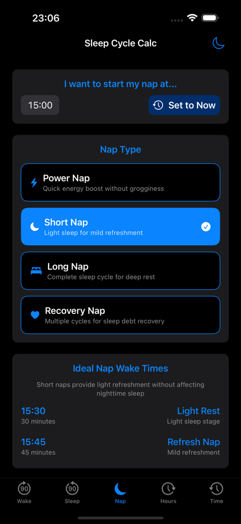 Interfaccia dell'app Sleep Cycle Calc che mostra la schermata del calcolatore di pisolini con opzioni per Power Nap e Short Nap, inclusi gli orari di risveglio ideali.