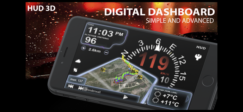 aSmart HUD 3D +SpeedCams - Interfaz de la aplicación aSmart HUD 3D de tablero digital mostrando velocidad y navegación en un smartphone