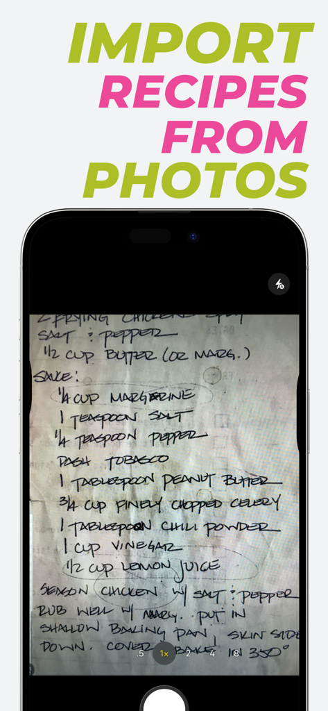 Chefy Meal Planner & Recipes - A smartphone camera scanning a handwritten cooking recipe to import it into the Chefy app.