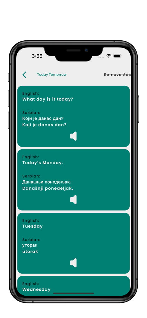 O aplicativo Learn Serbian exibe traduções de inglês para sérvio para os dias da semana