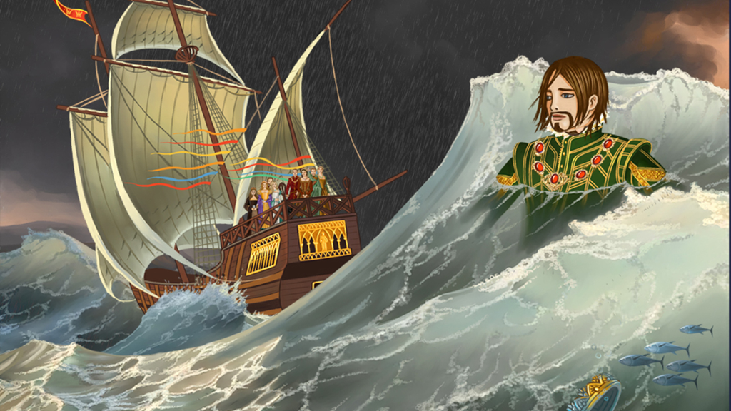 The Little Mermaid Game Book - El príncipe en las olas del océano cerca de un barco durante una tormenta