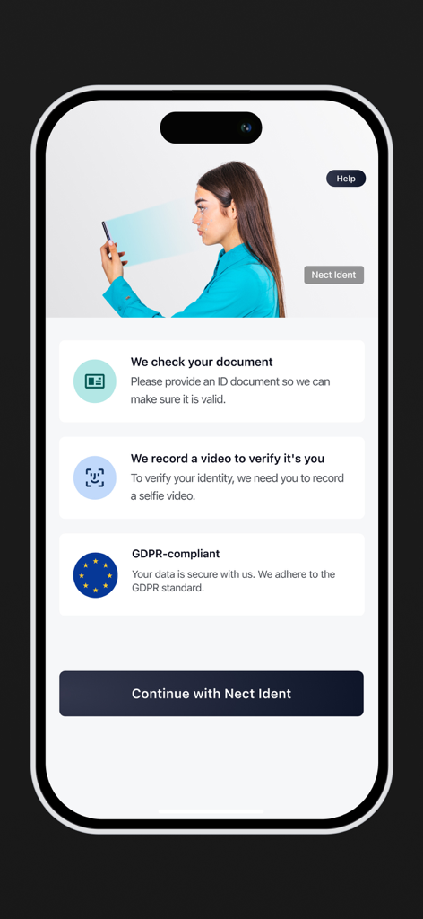Interfaccia di Nect Wallet che mostra il processo di verifica dell'identità con controllo dei documenti e registrazione video selfie