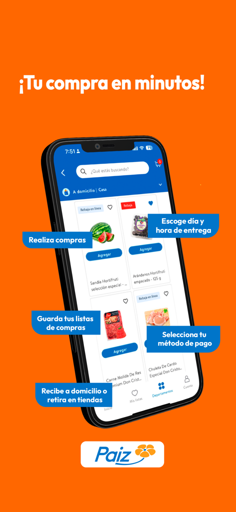 Paiz - Paizアプリの画面には、食料品アイテムと配送サービスオプションが表示されています