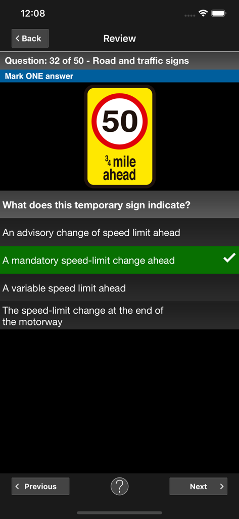 Review screen of a mock UK driving theory test featuring a road sign question and selected correct answer.