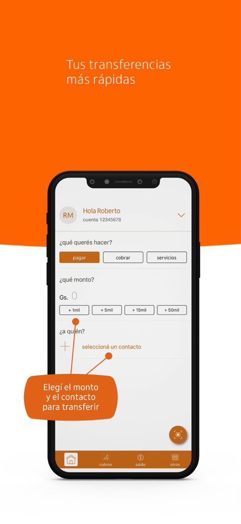 Itaú pagos PY - Interfaccia mobile dell'app Itaú pagos PY che mostra una schermata di trasferimento di denaro