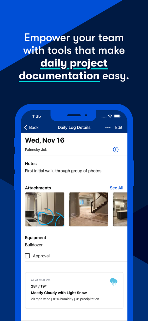L'application mobile Buildertrend affiche un journal de chantier quotidien avec des photos du site et des informations météorologiques.