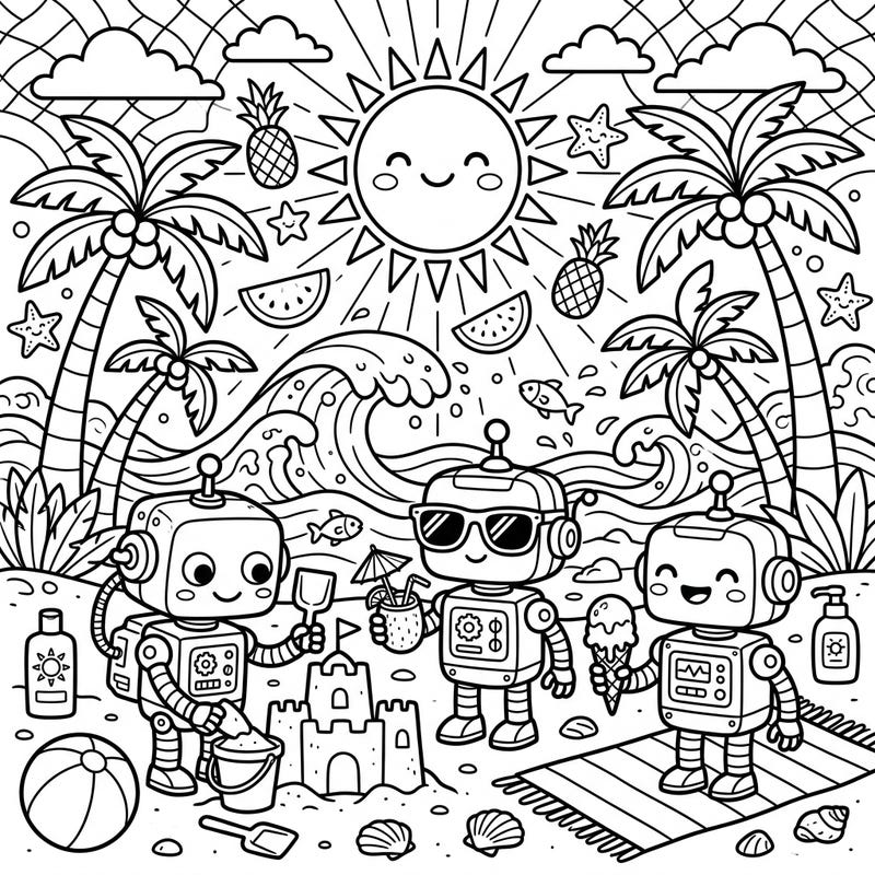 Get ready for a sun-sational adventure with our delightful toy robots! This charming coloring page captures the pure joy of a summer beach day, complete with sandcastles, ice cream, and refreshing drinks.