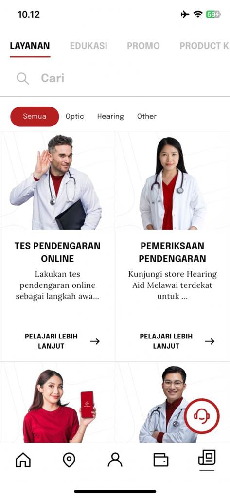 Optik Melawai - Tela do aplicativo móvel Optik Melawai mostrando opções de exame de audição e exame clínico