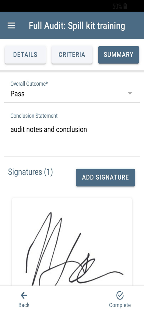 MY Audits - A summary screen of a completed audit with a digital signature and pass result