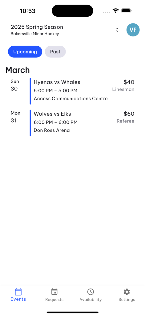 TeamLinkt Officials - Mobile screen of TeamLinkt Officials showing a list of upcoming hockey officiating assignments with game times, locations, and pay rates.