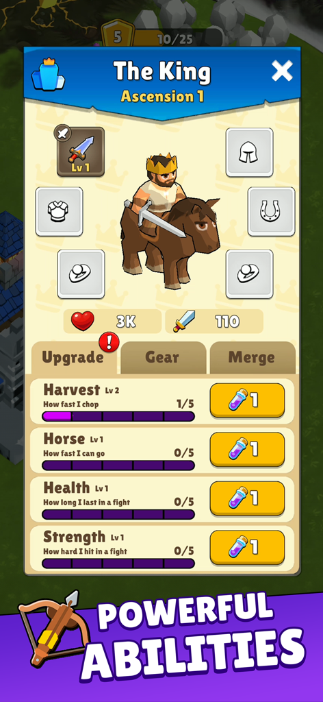Kingland - Castle Adventure - 킹글랜드 성의 모험에서 영웅 능력치와 장비를 보여주는 캐릭터 업그레이드 화면