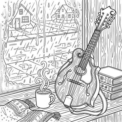 Immerse yourself in a peaceful rainy day scene featuring a beautifully detailed mandolin resting by a window. This intricate coloring page, perfect for teens, offers a moment of calm and creative escape.