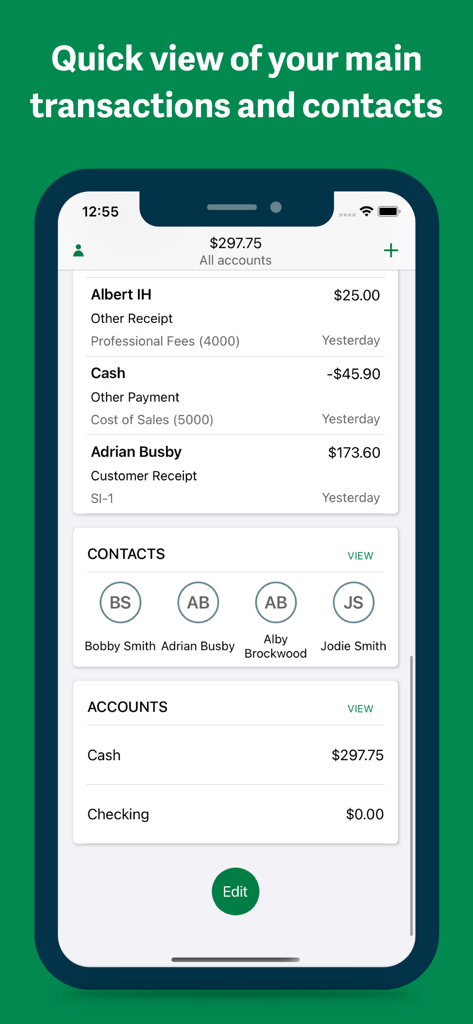 Sage Accounting mobile app showing a quick view of transactions contacts and accounts
