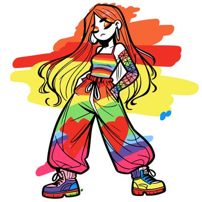 girl in baggy pants crop top and long hair