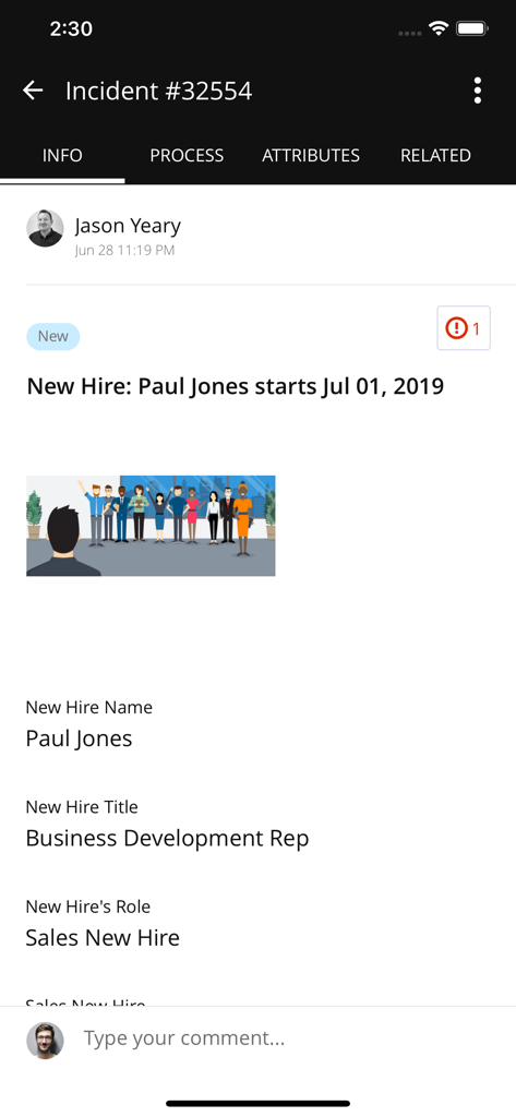 SolarWinds Service Deskのモバイル画面に、新規採用者のインシデントチケットが表示されます。