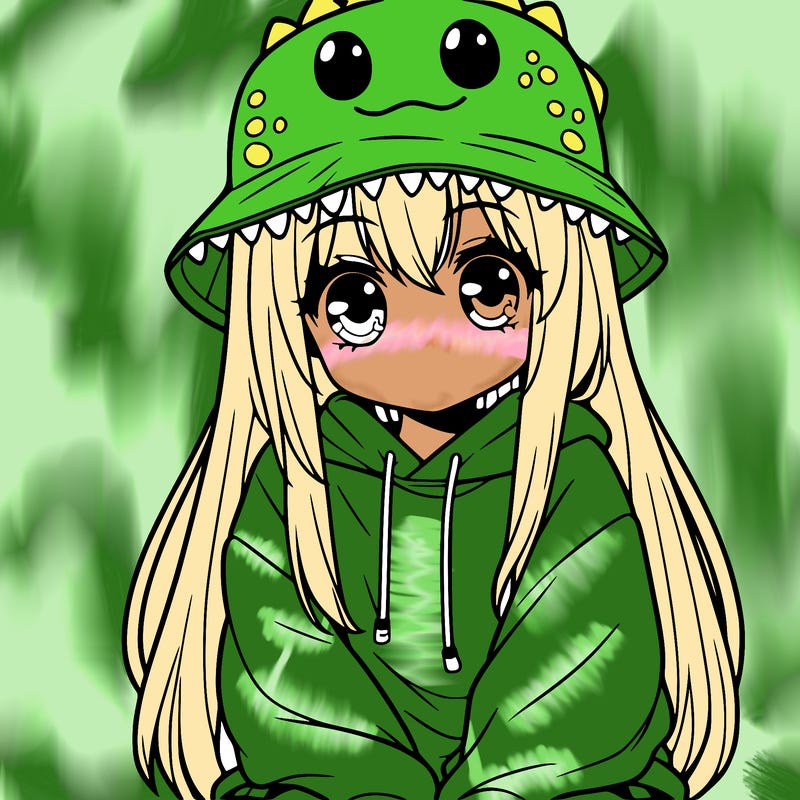 girl with anime shaped eyes with a dinosaur bucket hat oversized sweatshirt long straight hair