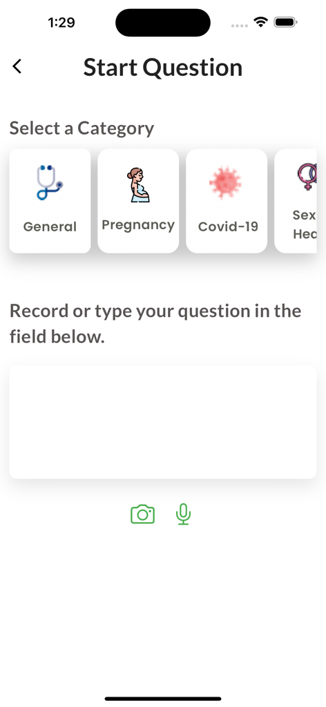 Bisa - Bisa mobile app interface to select a medical category and ask a doctor health questions