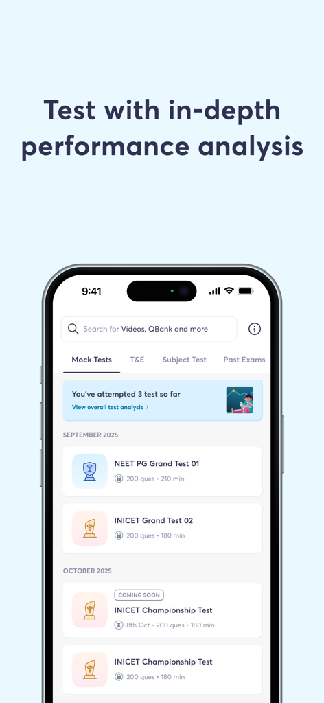 Smartphone screen displaying medical mock tests and performance analysis in the PrepLadder app