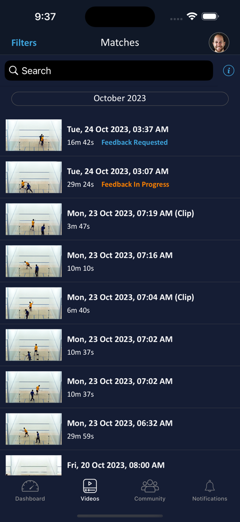 Live Sports AI - Dashboard showing a history of recorded sports matches with video thumbnails and coaching feedback status.