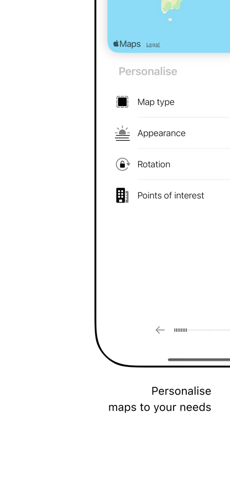 Bildschirm der mobilen App zeigt Personalisierungseinstellungen für Kartentyp, Aussehen und Points of Interest
