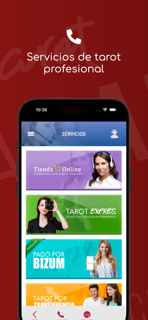 Pantalla de servicios de tarot profesional en la aplicación Tarot Alicia Galván que incluye tienda online y tarot exprés.