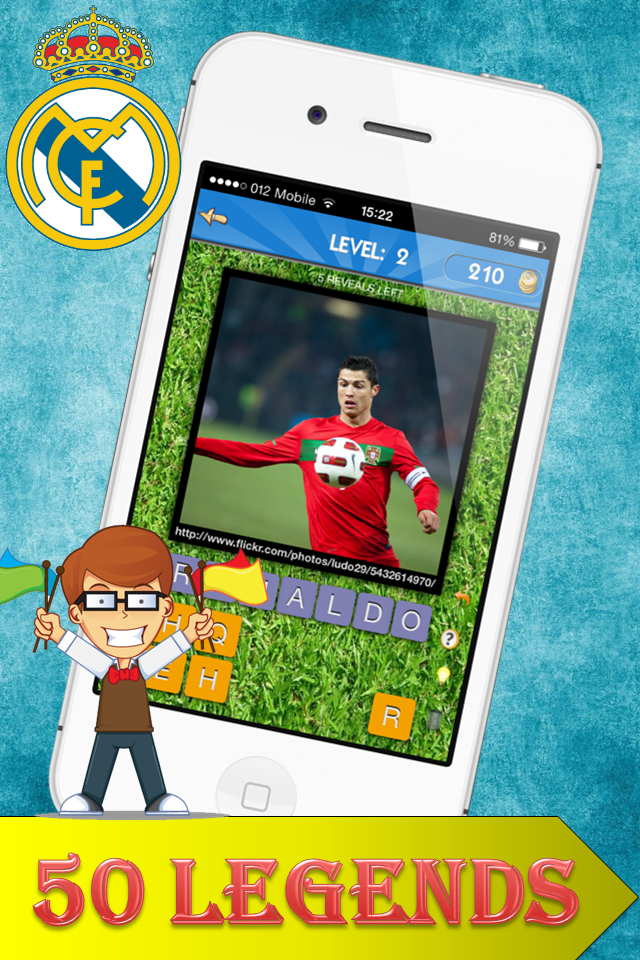 El Clasico Legends Quiz 2013/2014 - Top 11 Dream League Soccer Teams of UEFA football History - クリスティアーノ・ロナウドのパズルが表示されたモバイルサッカー雑学クイズゲーム画面