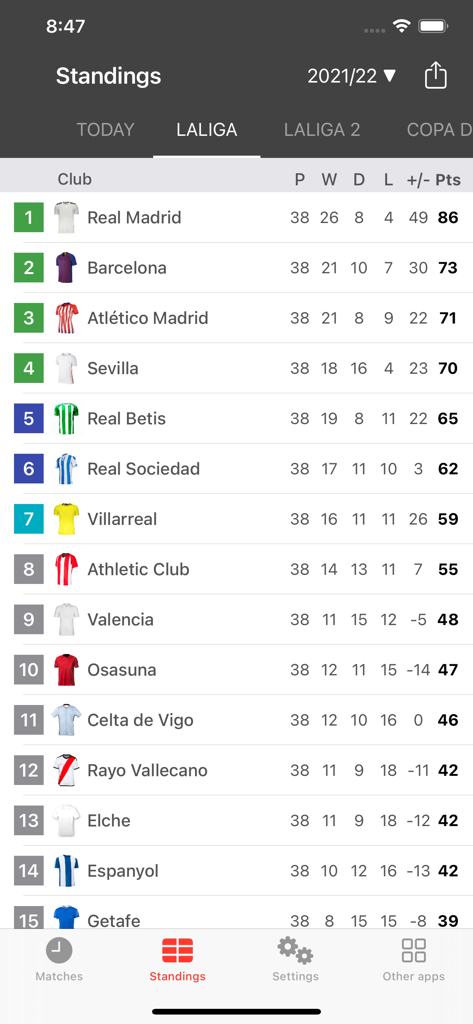 Live Scores for La Liga App - Tableau des classements de la La Liga montrant les points et les rangs des équipes espagnoles.