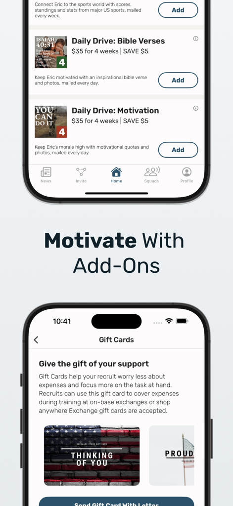Sandboxx app interface displaying motivational add-ons and gift card options for military recruits