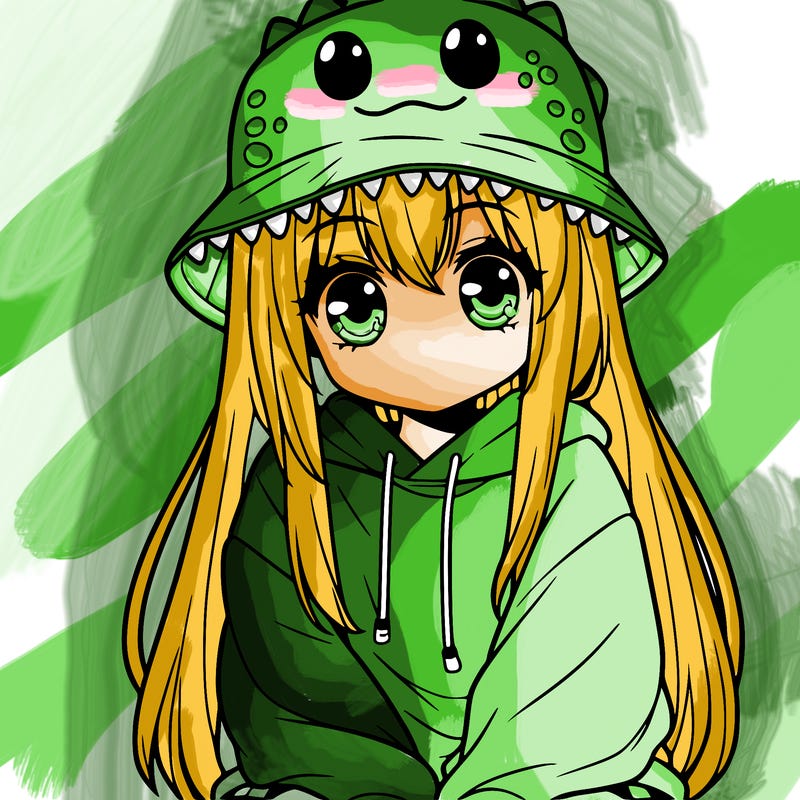 girl with anime shaped eyes with a dinosaur bucket hat oversized sweatshirt long straight hair