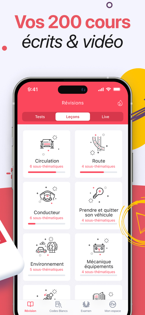 Interface of the Code de la route mobile app showing a menu of driving theory lessons categorized by themes like traffic and road safety