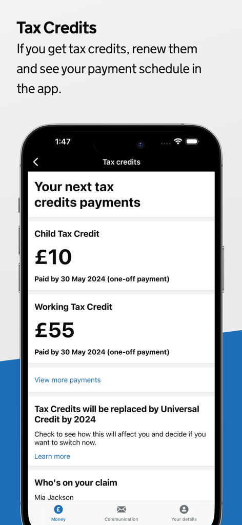 HMRC - A screenshot of the HMRC mobile app displaying upcoming child tax credit and working tax credit payment amounts and dates.