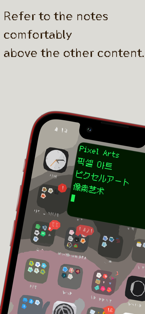 1secNote - A floating vintage pixel art note window displaying the text Pixel Arts in multiple languages over an iPhone home screen.